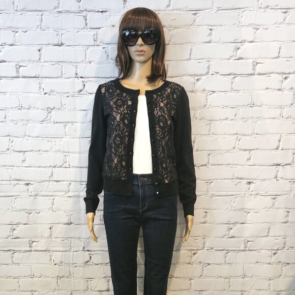 BANANA REPUBLIC black knit wool blend cardigan with front lace detailing - Picture 5 of 12